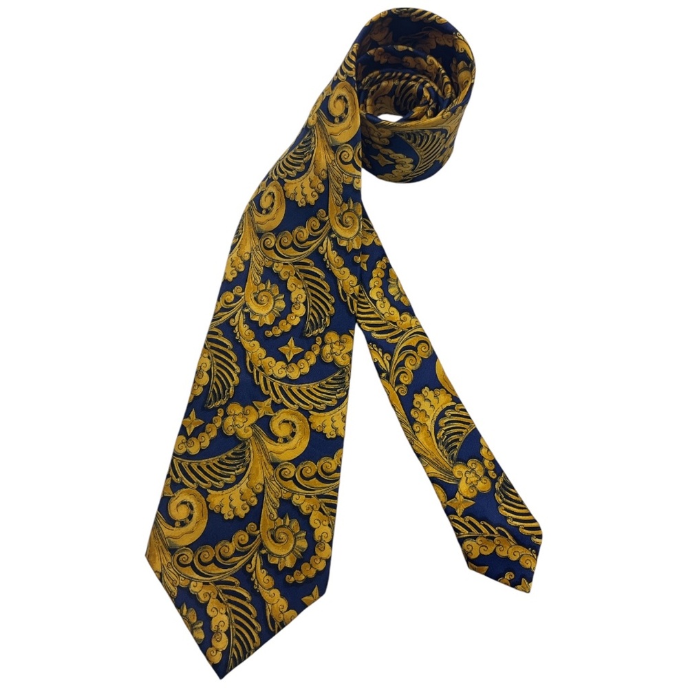 LANVIN Blue/Gold Baroque Silk LUXURY Tie FRANCE